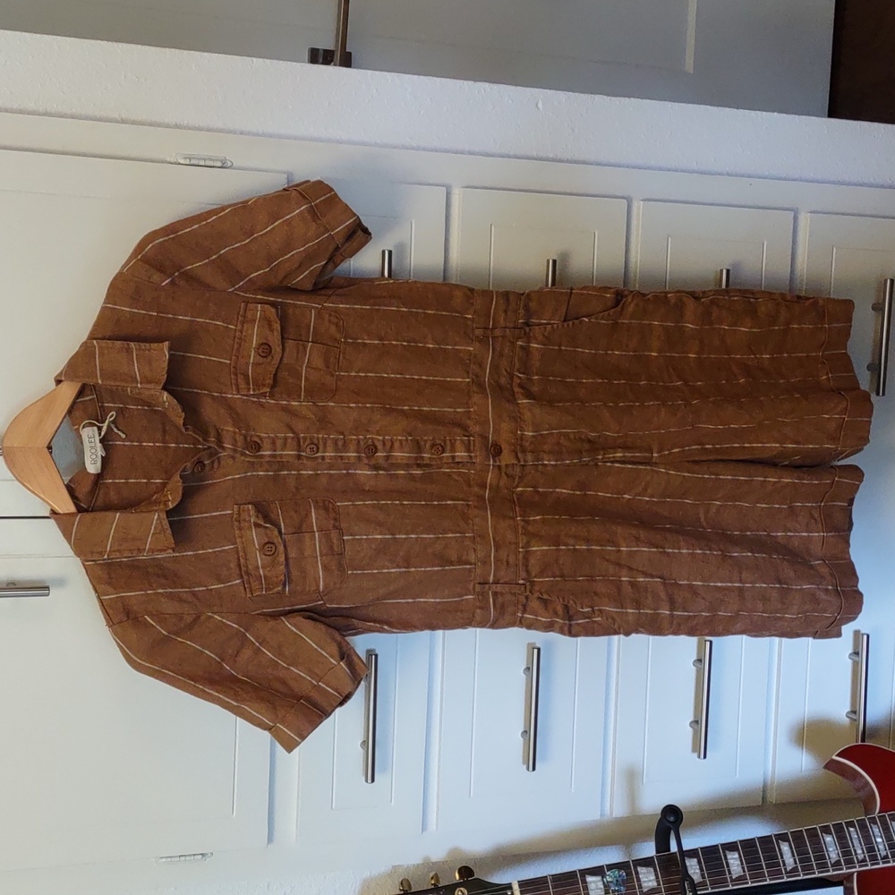 Roolee Linen Wylie Stripe Romper Utility-Style Belted Brown Size XS